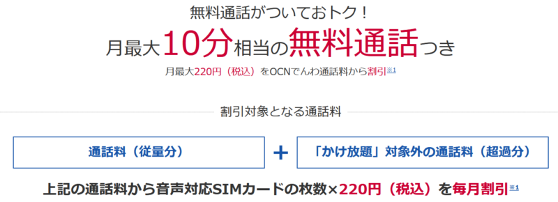 月最大220円(税込)をOCNでんわ通話料から割引